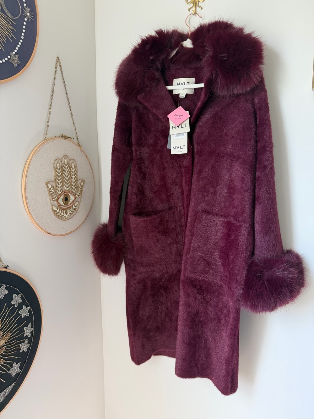 NVLT burgundy Faux-Fur Trim Coat